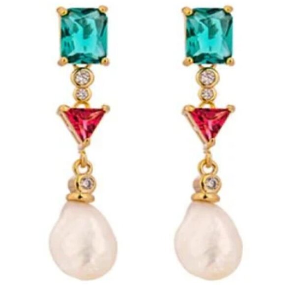 Gold Plate & Cubic Zirconia Stones with Pearl Earrings - Picture 1 of 6